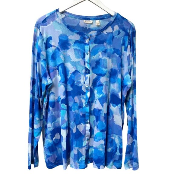 LOGO Lori Goldstein Stretch Mesh Cardigan XL Blue Watercolor Sheer Beach Top - Picture 1 of 14